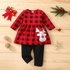 Christmas 2pcs Baby Cartoon Reindeer Print Red Plaid Long-sleeve Top and Solid Trousers Set
