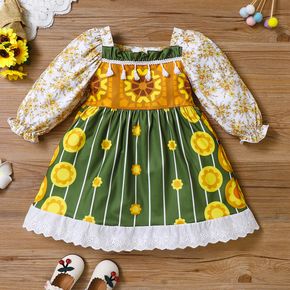Toddler Girl Floral Print Square Neck Schiffy Hem Long-sleeve Dress