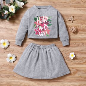 2-piece Toddler Girl Floral Letter Print Pullover Sweatshirt and Skirt Set