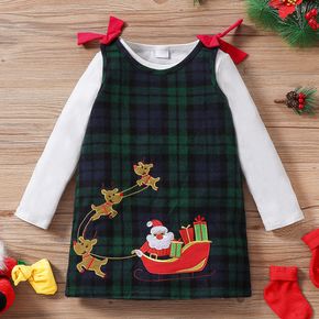2-piece Toddler Girl Christmas Long-sleeve White Tee and Santa Deer Embroidered Bowknot Design Plaid Overall Dress Set
