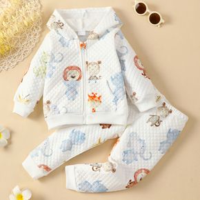 2-piece Toddler Girl Animal Print Textured Zipper Hooded Jacket and Elasticized Pants Set