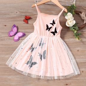 Toddler Girl Butterfly Print Stars Glitter Design Mesh Pink Slip Dress