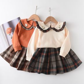 2-piece Baby / Toddler Embroidery Plaid Ruffled Top and Skirt Set