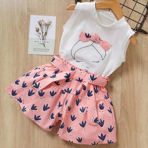 Baby / Toddler Girl Bow Decor Top and Printed Shorts Set 