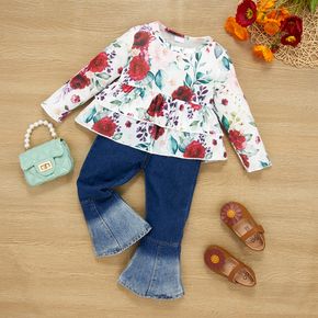 2-piece Toddler Girl Floral Print Layered Long-sleeve Peplum Top and Denim Flared Jeans Set