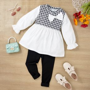 2-piece Toddler Girl Bowknot Design Houndstooth Long-sleeve Top and Black Pants Set