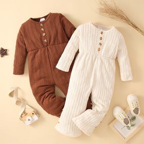 Toddler Girl Button Design Cable Knit Textured Solid Color Long-sleeve Jumpsuit