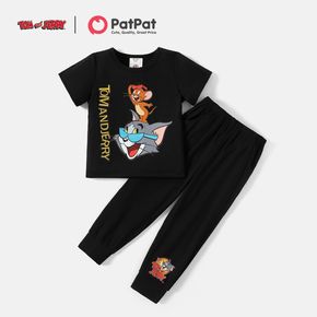 conjunto de calça e camiseta preta com estampa de letras tom e jerry de 2 peças para menina/menino