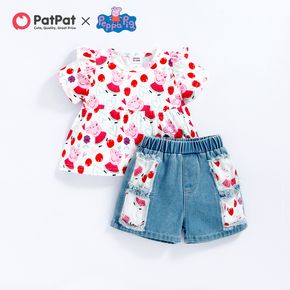 peppa pig 2 peças infantil menina allover estampa camiseta de manga curta e shorts jeans de algodão rasgado patchwork