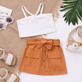 2pcs Toddler Girl White Ribbed Halter Camisole and Pocket Design Belted Skirt Set