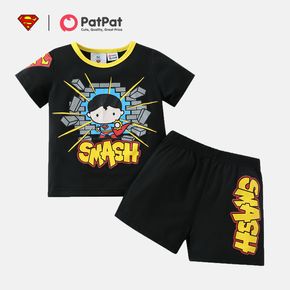 Superman 2pcs Toddler Bpy Letter Print Short-sleeve Black Tee and Elasticized Shorts Set