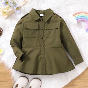 Toddler Girl Lapel Collar Button Pocket Design Dark Green Jacket