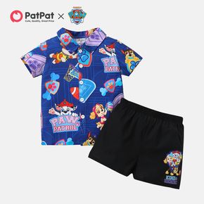 PAW Patrol 2pcs Toddler Boy Allover Print Lapel Collar Short-sleeve Shirt and Black Shorts Set
