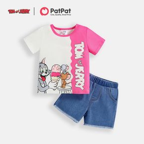 conjunto de camiseta y shorts de mezclilla con bloques de color para niña pequeña de 2 piezas de tom y jerry
