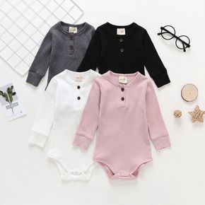 Ribbed Solid Front Button Long-sleeve Baby Romper