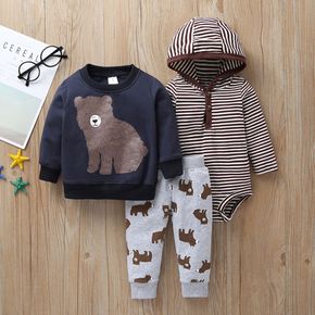 3pcs Bear and Stripe Long-sleeve Baby Set