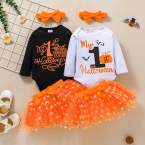 3pcs Baby Halloween Letter Print Long-sleeve Romper and Polka Dot Tutu Skirt Set
