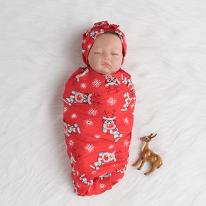 2-pack Christmas Elk Pattern Newborn Anti-kick Sleeping Bag Wrap  Swaddle Blanket Set with Hat