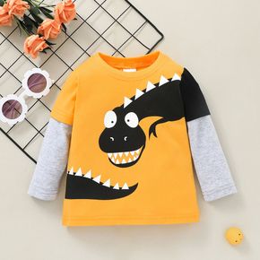 Baby Cartoon Dinosaur Print Faux-two Long-sleeve Cotton T-shirt