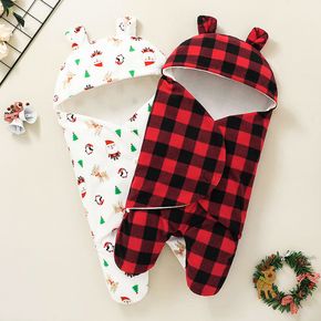 Christmas Newborn Hooded Sleeping Bag with Separate Legs Plaid Baby Sleeping Wrap Swaddle