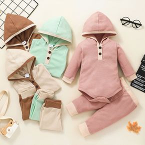 2-piece Baby Girl/Boy Button Design Hooded Long-sleeve Romper and Pants Set