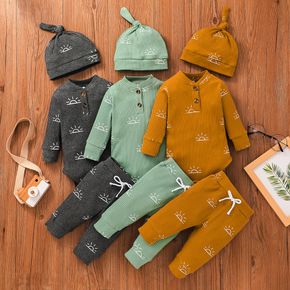 3-piece Baby Boy/Girl 95% Cotton Ribbed Long-sleeve Sun Print Button Design Romper and Elasticized Pants with Cap Set