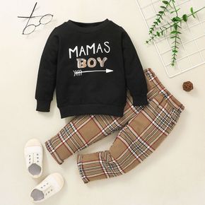 2-piece Toddler Boy Letter Print Black Pullover Sweatshirt and Classic Plaid Pants Set