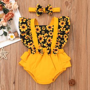 2pcs Baby Girl Sunflower Floral Print Splice Yellow Layered Sleeveless Ruffle Romper with Headband Set