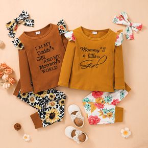 3-piece Toddler Girl Letter Embroidered Ruffled Long-sleeve Ribbed Top, Floral Print Elasticized Pants and Headband Set