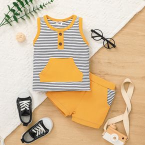 2pcs Baby Boy Yellow Splicing Striped Sleeveless Tank Top and Shorts Set