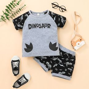 2pcs Toddler Boy Playful Dinosaur Letter Print Tee and Shorts Set