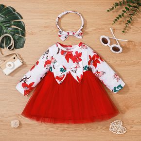 2pcs Baby Girl Red Floral Print Bowknot Long-sleeve Splicing Mesh Dress with Headband Set