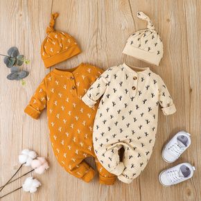 2pcs Baby Boy/Girl All Over Cactus Print Ribbed Long-sleeve Button Up Jumpsuit with Hat Set