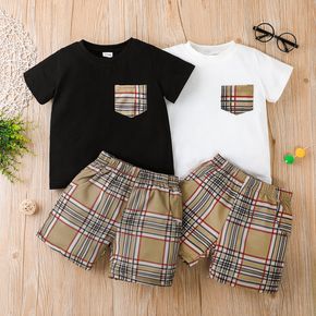 Conjunto de camiseta e shorts com design de bolso xadrez casual 2 peças para menino