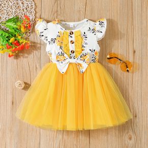 Toddler Girl Floral Print Bowknot Design Mesh Splice Flutter-sleeve Dress