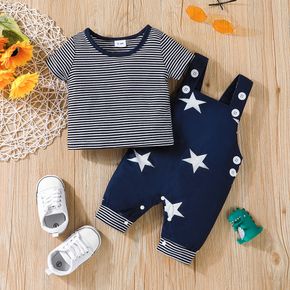 2pcs Baby Boy Pinstriped Short-sleeve Tee and All Over Stars Print Overalls Set