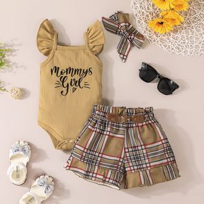 3pcs Baby Girl Letter Embroidered Ribbed Flutter-sleeve Romper and Plaid Shorts with With Set