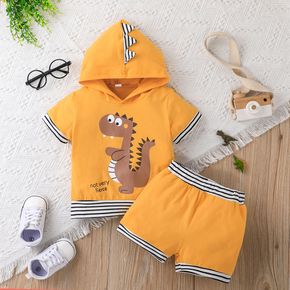 2pcs Baby 95% Cotton Short-sleeve Stripe Design Cartoon Dinosaur Print Hooded Top and Shorts Set