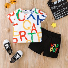 2pcs Baby Boy 95% Cotton Short-sleeve Allover Colorful Letter Print T-shirt and Shorts Set