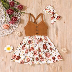 2pcs Baby Girl 95% Cotton Ribbed Button Front Spaghetti Strap Splicing Floral Print Dress with Headband Set