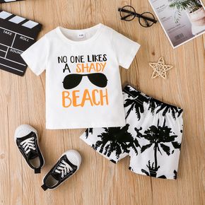2pcs Baby Boy 95% Cotton Short-sleeve Letter Print T-shirt and All Over Coconut Tree Print Shorts Set
