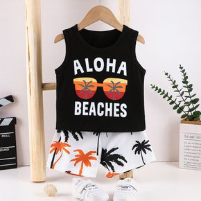 2pcs Toddler Boy Vacation Floral Letter Print Tank Top and Shorts Set