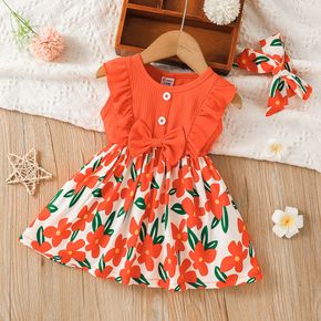 2pcs Baby Girl Solid Ribbed Splicing Floral Print Sleeveless Ruffle Bowknot Button Up Dress with Headband Set