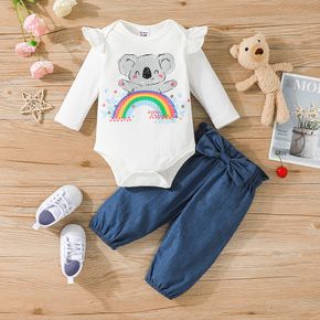 2pcs Baby Girl Cartoon Koala & Rainbow Print Rib Knit Long-sleeve Romper and Imitation Denim Pants Set