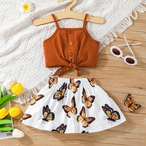 2pcs Baby Girl Button Front Knot Detail Cami Top and Allover Butterfly Print Skirt Set