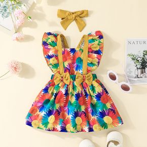 2pcs Baby Girl All Over Colorful Floral Print Ruffle Trim Bowknot Sleeveless Dress with Headband Set