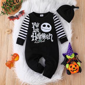 Halloween 2pcs Baby Boy 95% Cotton Striped Long-sleeve Spliced Skull & Letter Print Jumpsuit with Hat Set