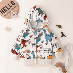 Baby Boy Allover Dinosaur & Vehicle Print Zip Long-sleeve Hooded Jacket
