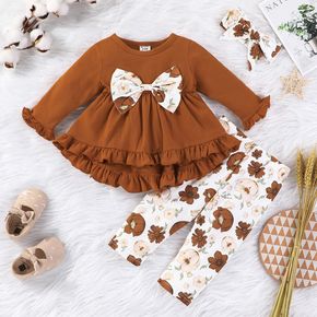 3pcs Baby Girl 95% Cotton Long-sleeve Bow Front Ruffle Hem Top and Allover Floral Print Pants with Headband Set