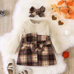 2pcs Baby Girl Cable Knit Spliced Plaid Belted Long-sleeve Dress with Headband Set